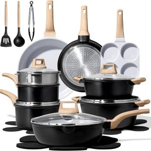 CAROTE 21pcs Pots and Pans Set Nonstick, Cookware Set Black Induction Kitchen Cooking Set w/Frying Pans & Saucepans